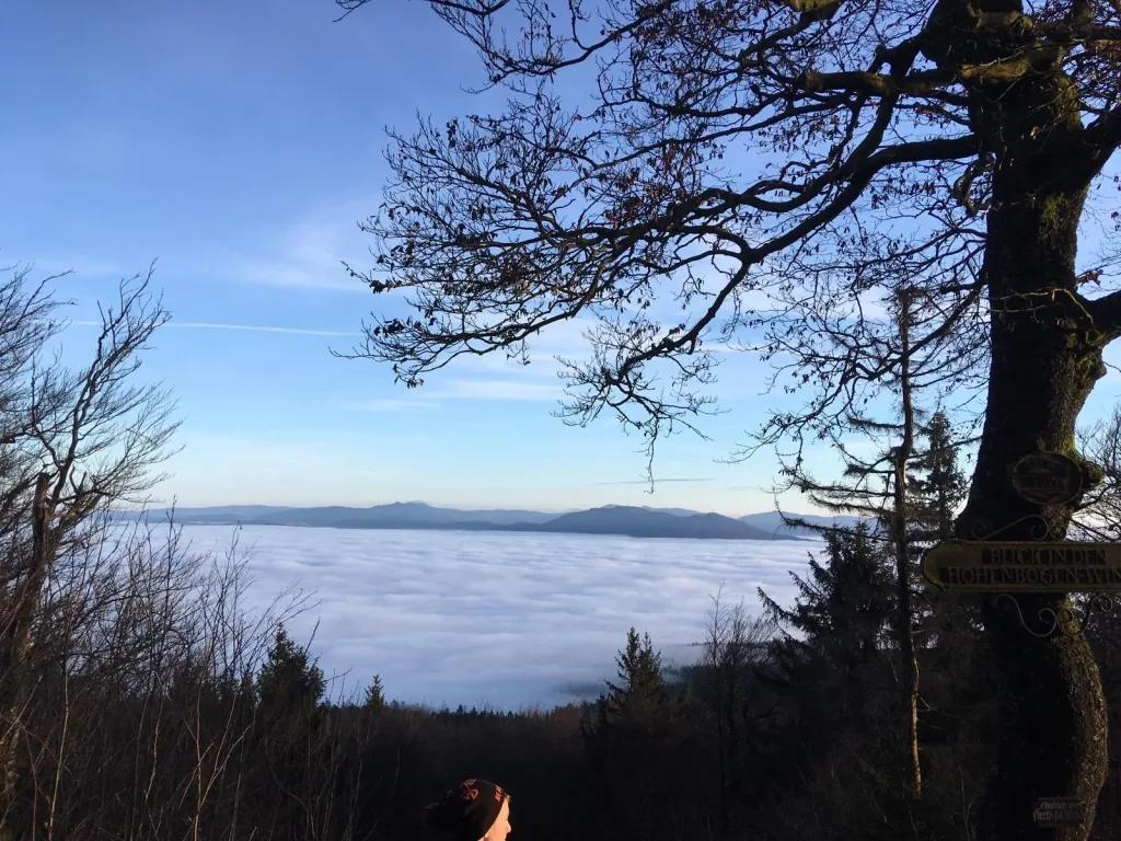 View over a sea of fog to distant mountains