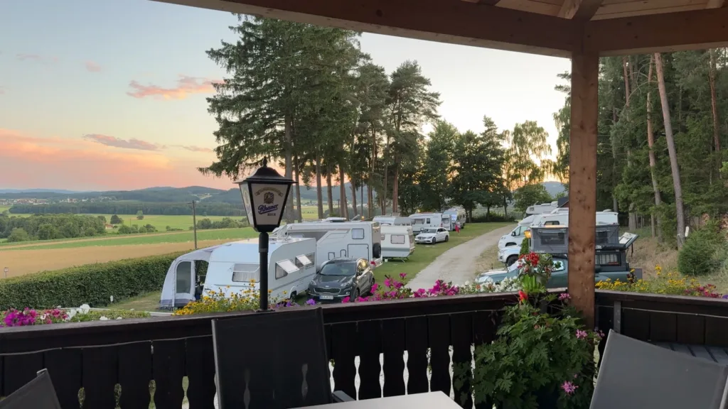 View from the terrace of the caravans and motorhomes on the campsite