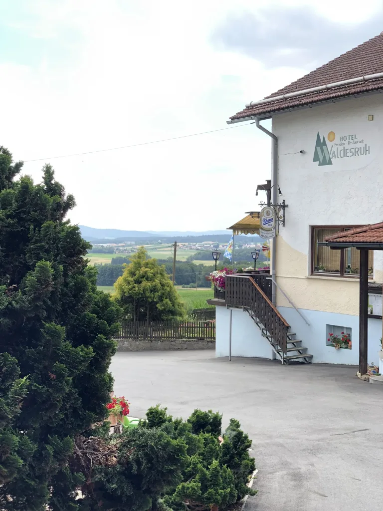 Side view of the hotel looking out over the countryside