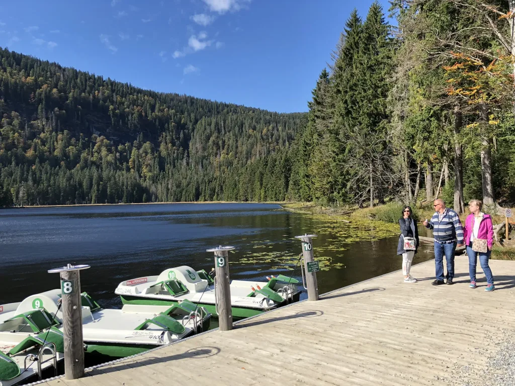 Jetty with pedal boats on a mountain lake