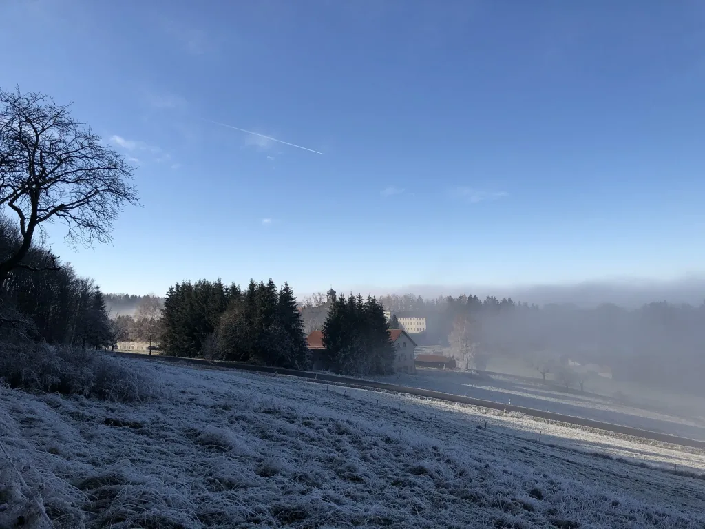 Hoar frost on a meadow, fog lying in the valley