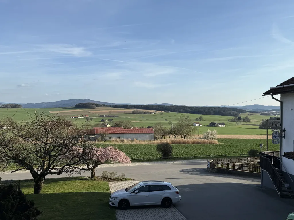 View from the holiday apartment across fields to the mountains