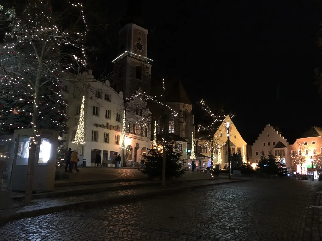 Town square with Christmas lights at night