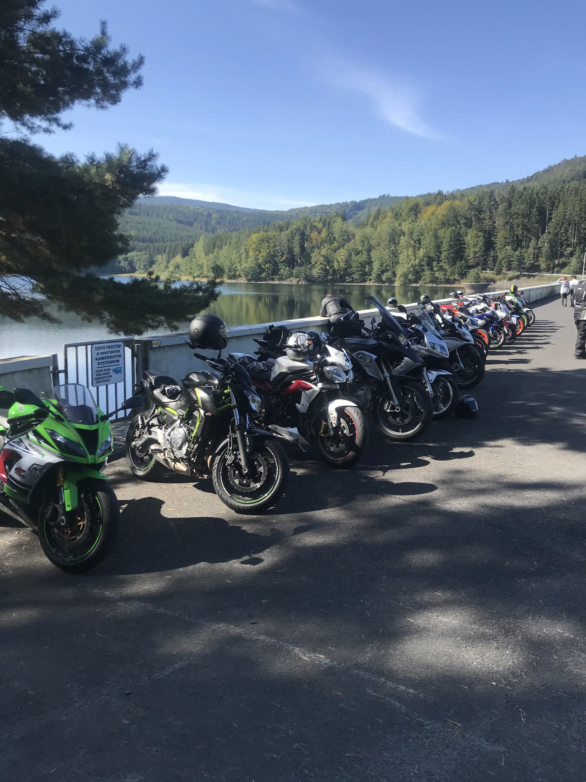 Motorcycles parked in a row by a lake