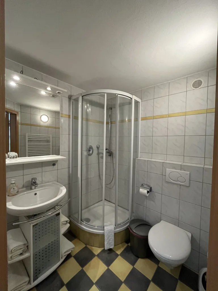 Bathroom with corner shower, washbasin and WC